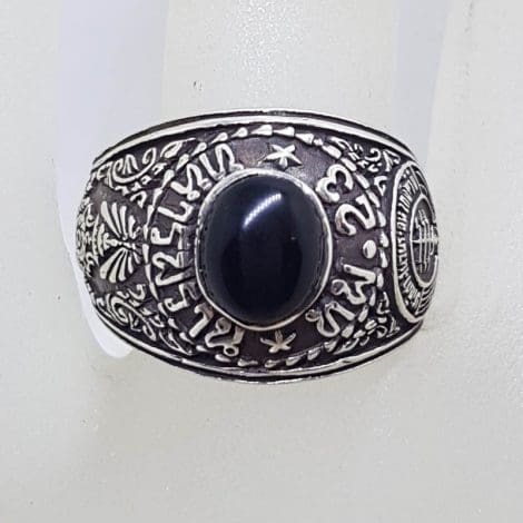 Sterling Silver Oval Onyx Wide Ornate University Ring - Gents Ring
