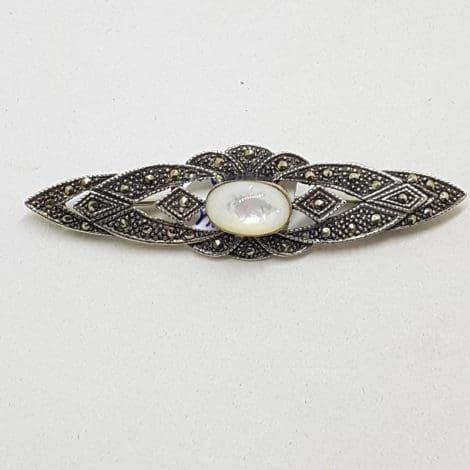Sterling Silver Marcasite and Mother of Pearl Ornate Bar Brooch