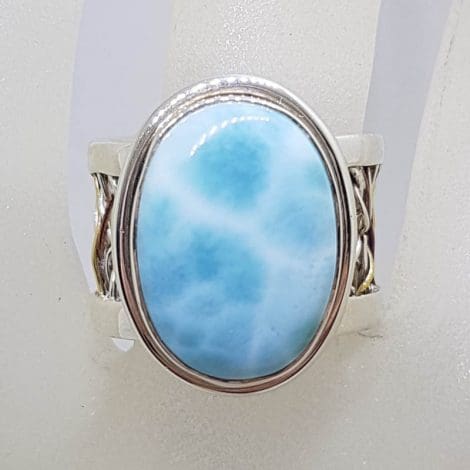 Sterling Silver and Plated Weaved Plaited Design Wide Band Oval Larimar Ring
