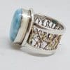 Sterling Silver and Plated Weaved Plaited Design Wide Band Oval Larimar Ring