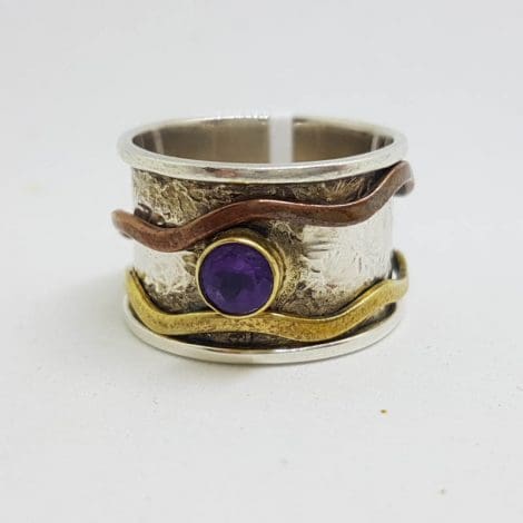 Sterling Silver Amethyst with Brass and Copper Wave Wide Spinner / Fidget Ring