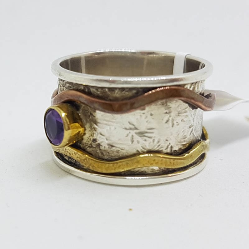 Sterling Silver Amethyst with Brass and Copper Wave Wide Spinner / Fidget Ring