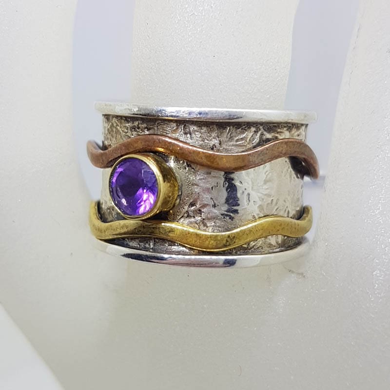 Sterling Silver Amethyst with Brass and Copper Wave Wide Spinner / Fidget Ring