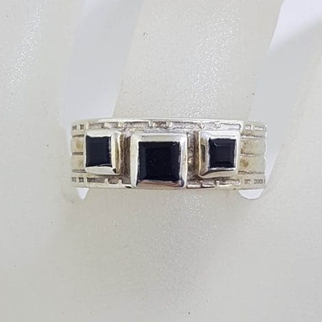 Sterling Silver Three Square Onyx on Line Patterned Band Ring