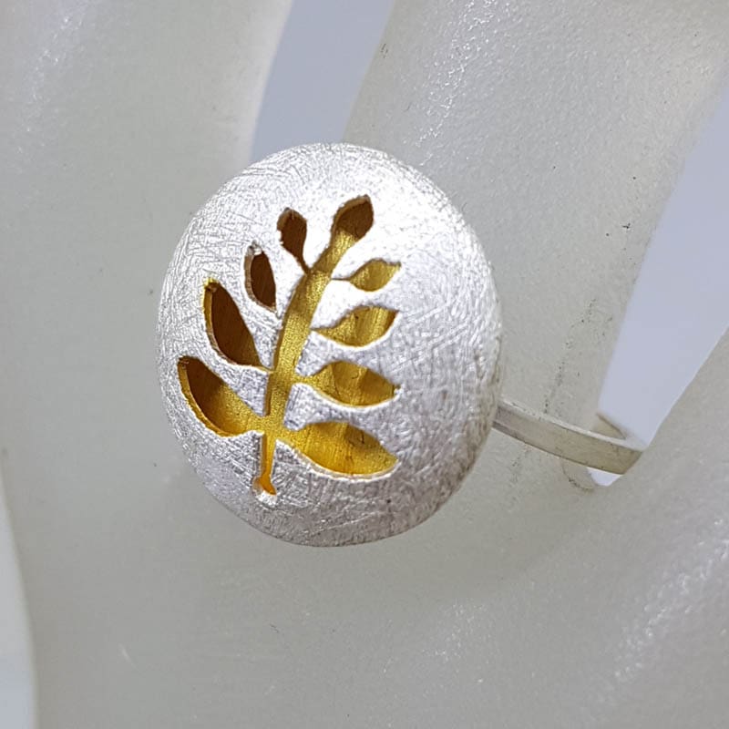 Sterling Silver and Plated Matte Finish Leaf / Tree of Life Round Ring