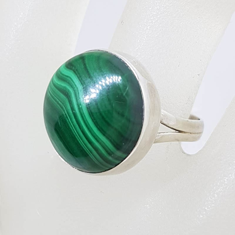 Sterling Silver Large Round Bezel Set Malachite Ring