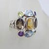 Sterling Silver Large Multi-Colour Large Cluster Ring with Topaz, Amethyst, Smokey Quartz, Citrine and Peridot