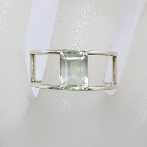 Sterling Silver Wide Rectangular Green Amethyst / Prasiolite Open Band Ring