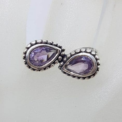 Sterling Silver Teardrop / Pear Shaped Amethyst with Unusual Design and Patterned Sides Ring