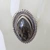 Sterling Silver Large Marquis Shape Tourmalinated Quartz with Ornate Rim Ring