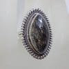 Sterling Silver Large Marquis Shape Tourmalinated Quartz with Ornate Rim Ring