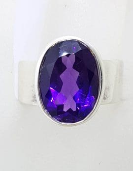 Sterling Silver Large Oval Amethyst in Wide Band Ring