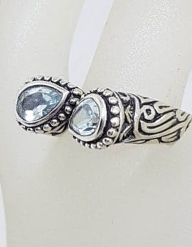 Sterling Silver Teardrop / Pear Shaped Topaz with Unusual Design and Patterned Sides Ring