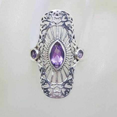 Sterling Silver Large Ornate Filigree Elongated Setting Amethyst Ring