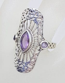 Sterling Silver Large Ornate Filigree Elongated Setting Amethyst Ring