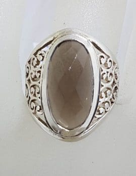 Sterling Silver Oval Smokey Quartz with Ornate Filigree Setting Wide Ring