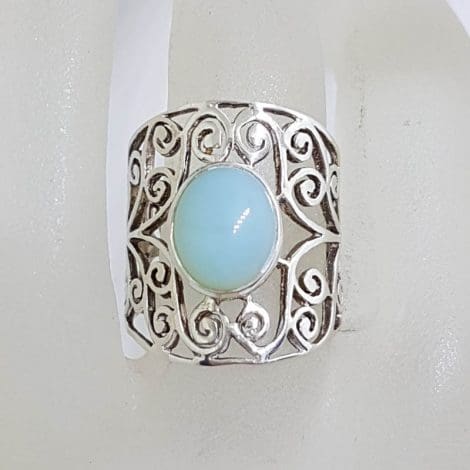 Sterling Silver Wide Oval Cabochon Cut Chalcedony Ornate Filigree Ring