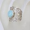 Sterling Silver Wide Oval Cabochon Cut Chalcedony Ornate Filigree Ring
