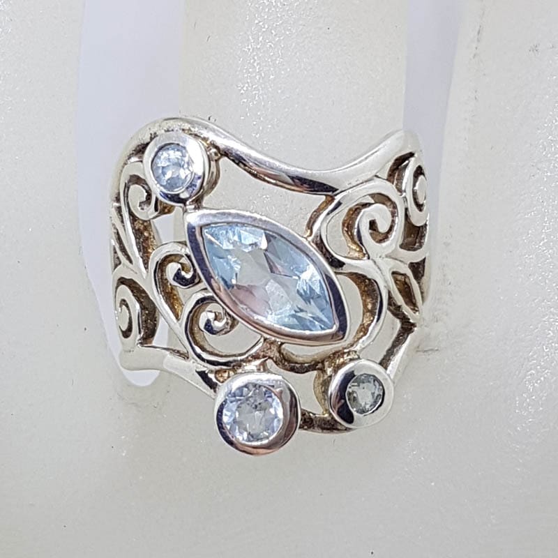 20210902_204202 Sterling Silver Very Wide and Ornate Filigree Topaz Wave Shape Ring - Stunning