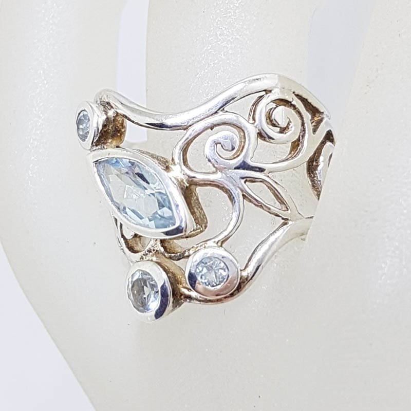 20210902_204215 Sterling Silver Very Wide and Ornate Filigree Topaz Wave Shape Ring - Stunning