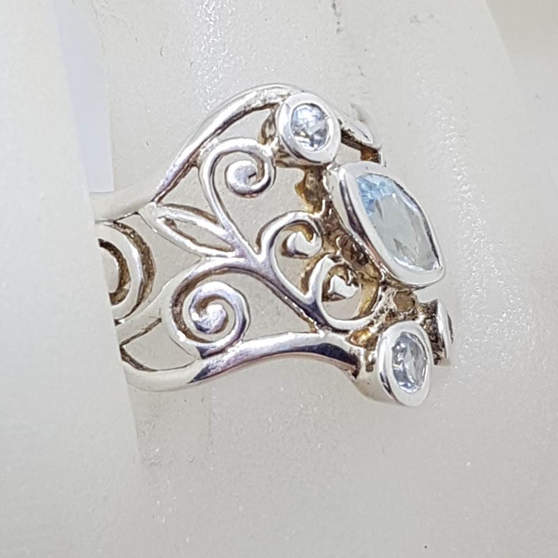 20210902_204233 Sterling Silver Very Wide and Ornate Filigree Topaz Wave Shape Ring - Stunning