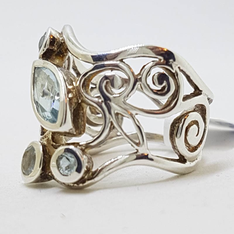 20210902_204311 Sterling Silver Very Wide and Ornate Filigree Topaz Wave Shape Ring - Stunning