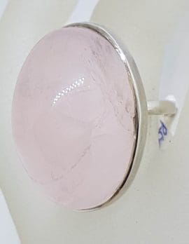 Sterling Silver Very Large Oval Shaped Bezel Set Rose Quartz Ring - Cabochon Cut