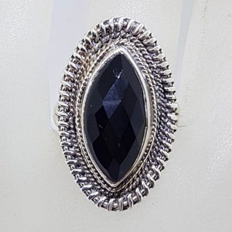 Sterling Silver Large Marquis Shape Onyx with Ornate Patterned Design Ring