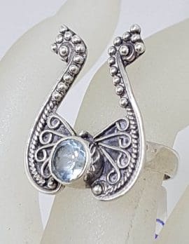 Sterling Silver Round Topaz in Ornate Lyre Shape Ring