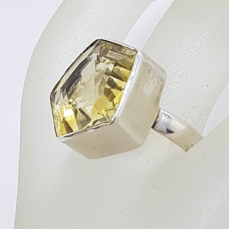 Sterling Silver Large Pentagon Shaped Bezel Set Citrine Ring