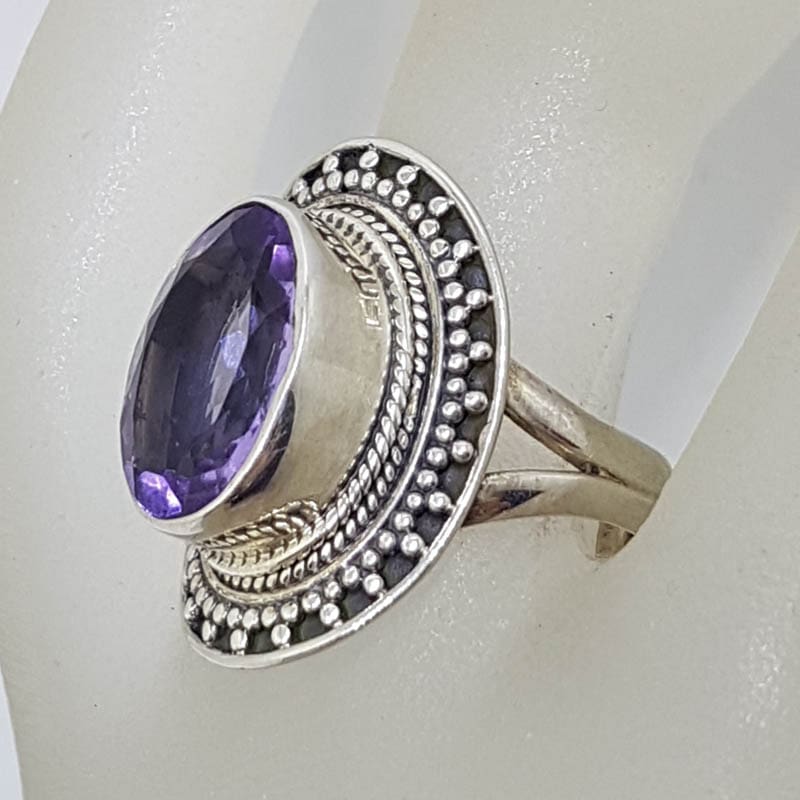 20210902_210109 Sterling Silver Large Oval Amethyst with Patterned Rim Ring
