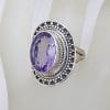 Sterling Silver Large Oval Amethyst with Patterned Rim Ring
