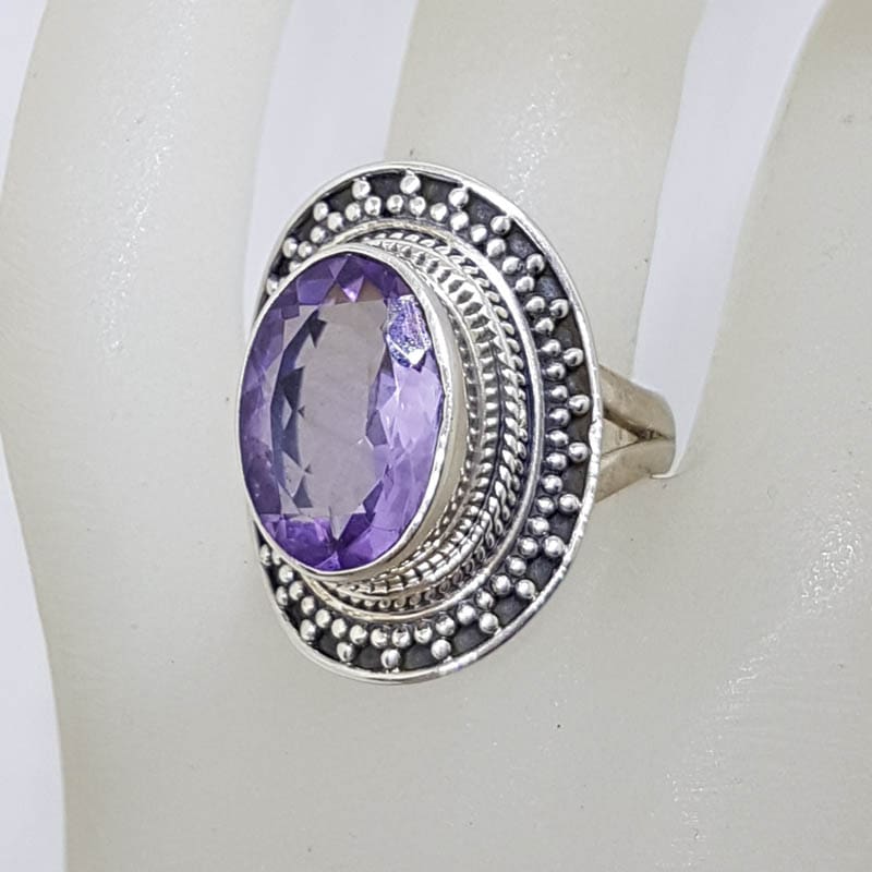 20210902_210133 Sterling Silver Large Oval Amethyst with Patterned Rim Ring