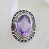 Sterling Silver Large Oval Amethyst with Patterned Rim Ring