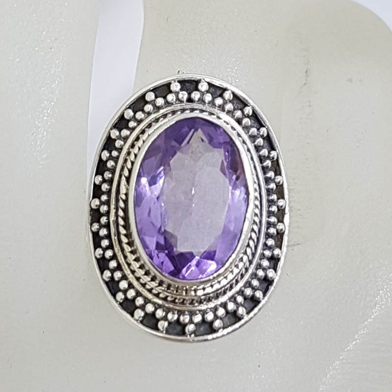 20210902_210150 Sterling Silver Large Oval Amethyst with Patterned Rim Ring