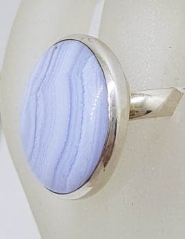 Sterling Silver Large Round Bezel Set Blue Lace Agate Ring