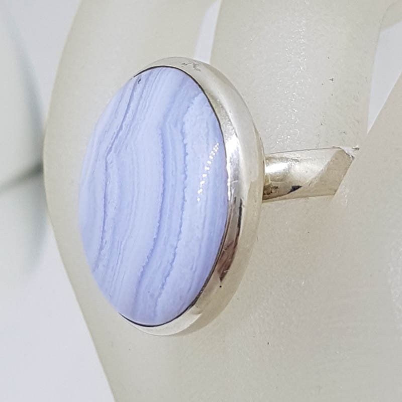 Sterling Silver Large Round Bezel Set Blue Lace Agate Ring