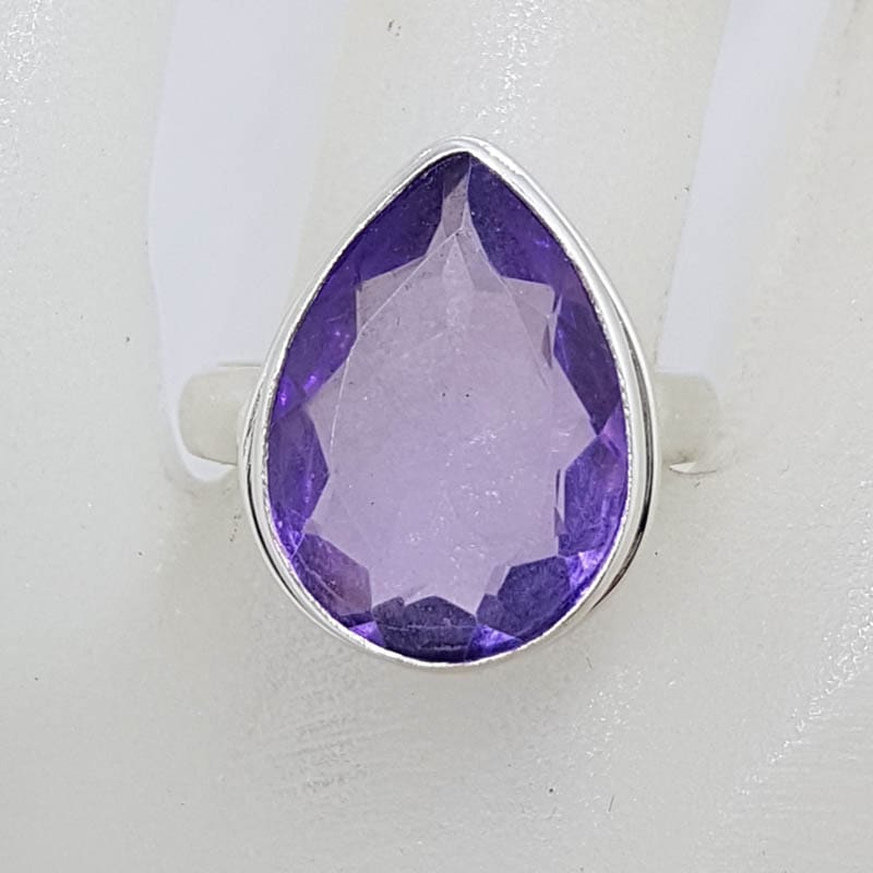 Sterling Silver Large Bezel Set Teardrop / Pear Shape Amethyst Ring