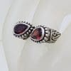 Sterling Silver Teardrop / Pear Shaped Garnet with Unusual Design and Patterned Sides Ring