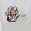 Sterling Silver Multi-Colour Gemstone Round Chakra Cluster Ring