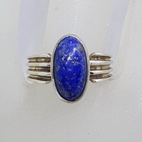 Sterling Silver Cabochon Cut Lapis Lazuli with Line Design along Side Ring