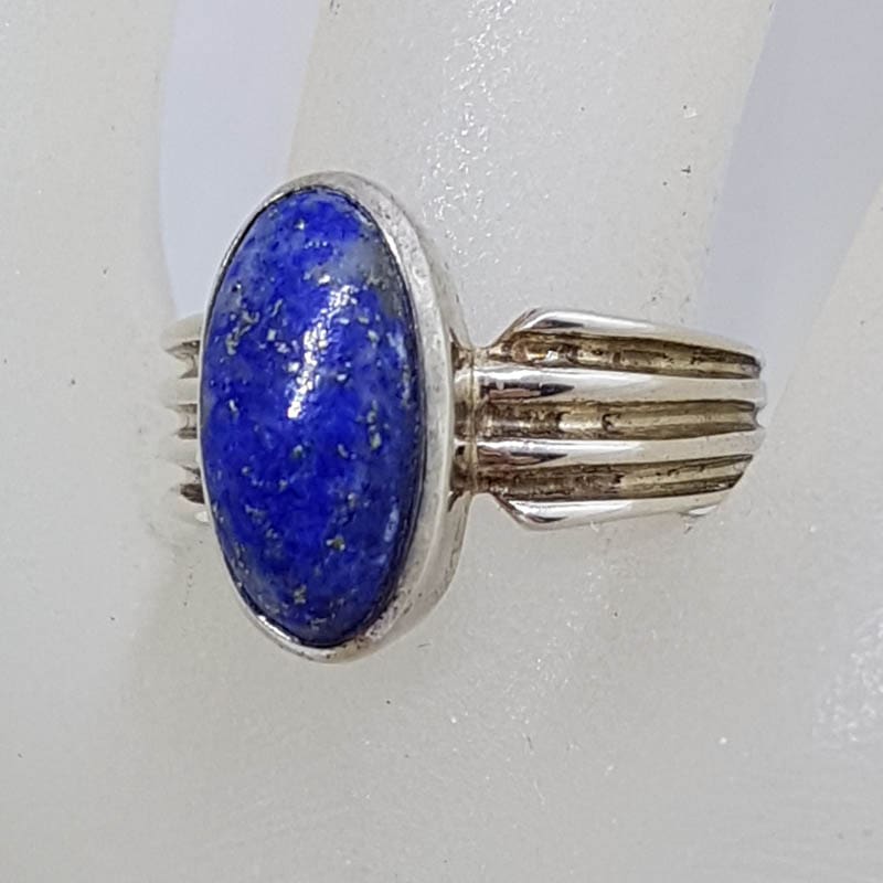 Sterling Silver Cabochon Cut Lapis Lazuli with Line Design along Side Ring