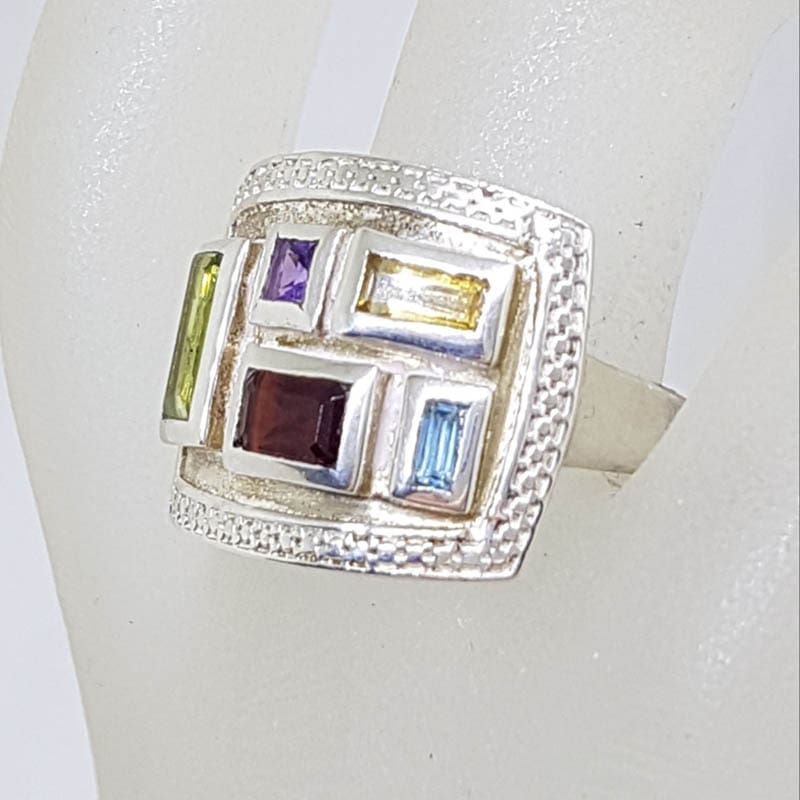 Sterling Silver Multi-Colour Gemstone Rectangular Cluster Ring - Amethyst, Peridot, Garnet, Citrine and Topaz