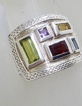 Sterling Silver Multi-Colour Gemstone Rectangular Cluster Ring - Amethyst, Peridot, Garnet, Citrine and Topaz