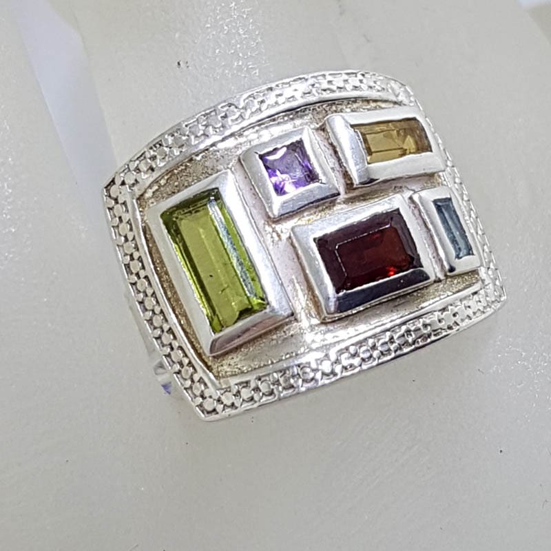 Sterling Silver Multi-Colour Gemstone Rectangular Cluster Ring - Amethyst, Peridot, Garnet, Citrine and Topaz