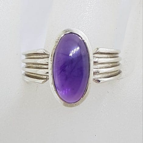 Sterling Silver Cabochon Cut Amethyst with Line Design along Side Ring