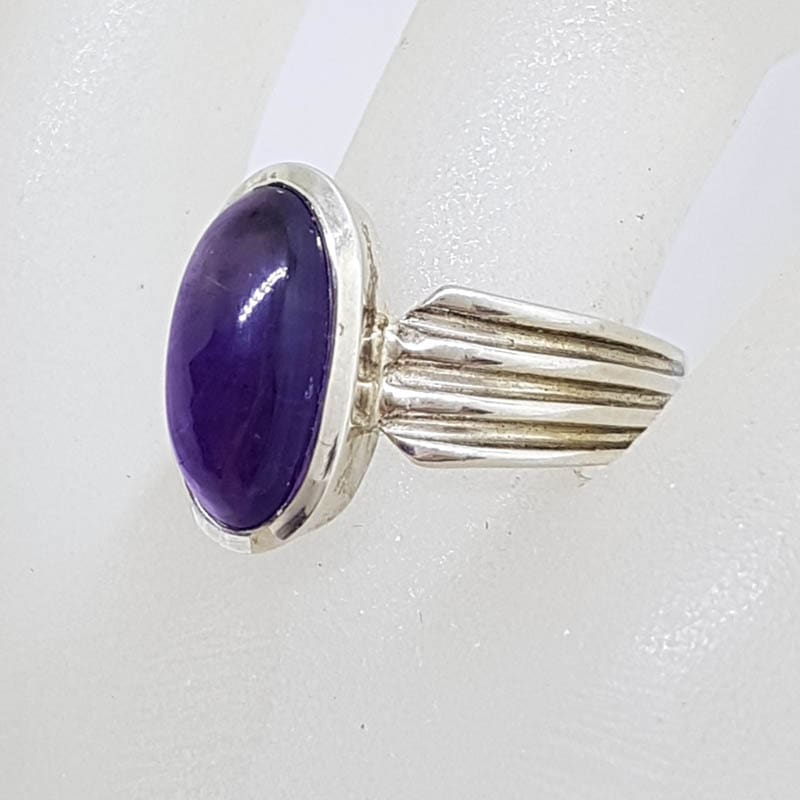 Sterling Silver Cabochon Cut Amethyst with Line Design along Side Ring