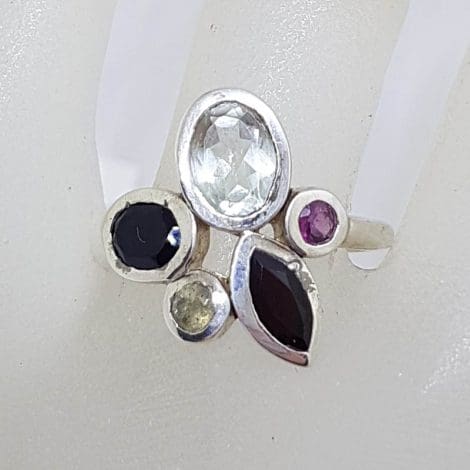 Sterling Silver Multi-Colour Gemstones Unusual Cluster Ring with Onyx, Citrine, Rhodolite Garnet and Green Amethyst / Prasiolite