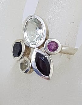 Sterling Silver Multi-Colour Gemstones Unusual Cluster Ring with Onyx, Citrine, Rhodolite Garnet and Green Amethyst / Prasiolite