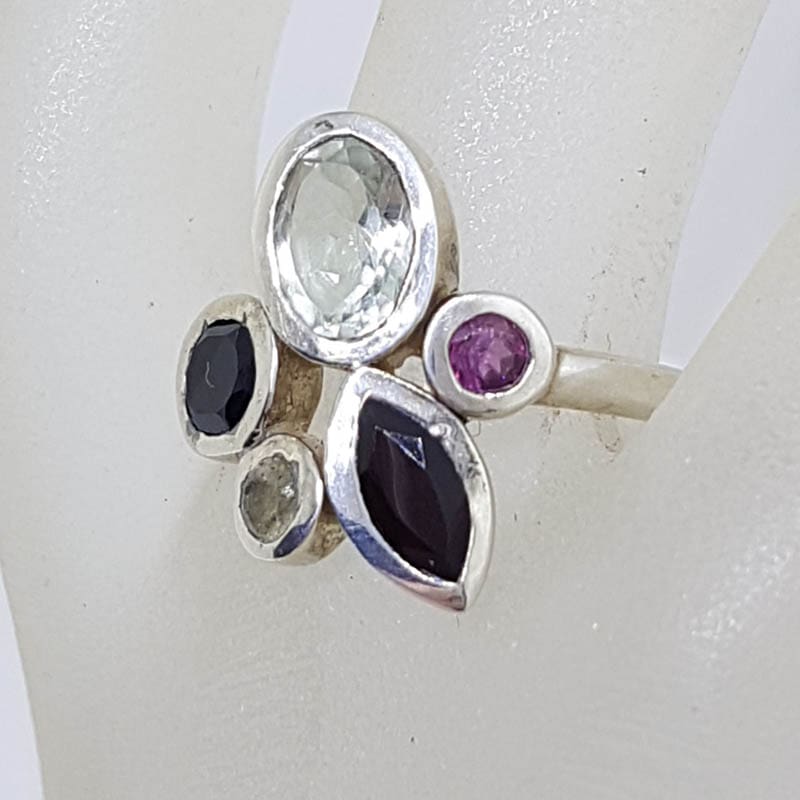 Sterling Silver Multi-Colour Gemstones Unusual Cluster Ring with Onyx, Citrine, Rhodolite Garnet and Green Amethyst / Prasiolite